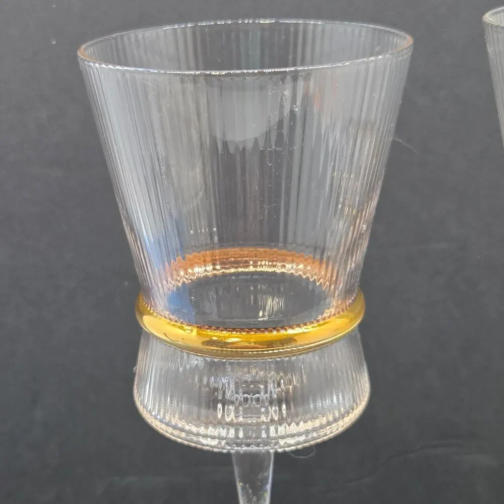 Ribbed Wine Glasses Set Of 2 With Gold Ring 9 1/4